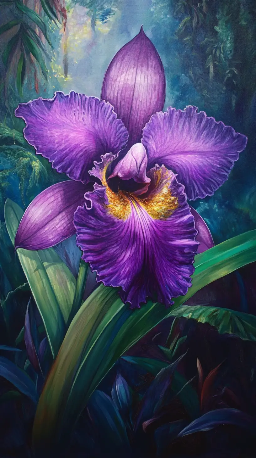 Peinture d’orchidée violette avec filigrane doré sous une douce lumière naturelle