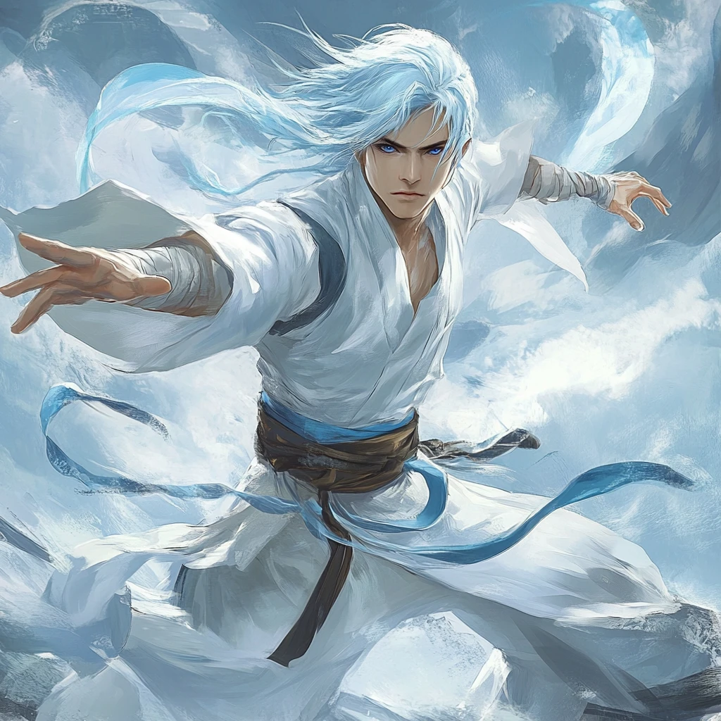 Monje de fantasía con temática de viento y cabello azul claro