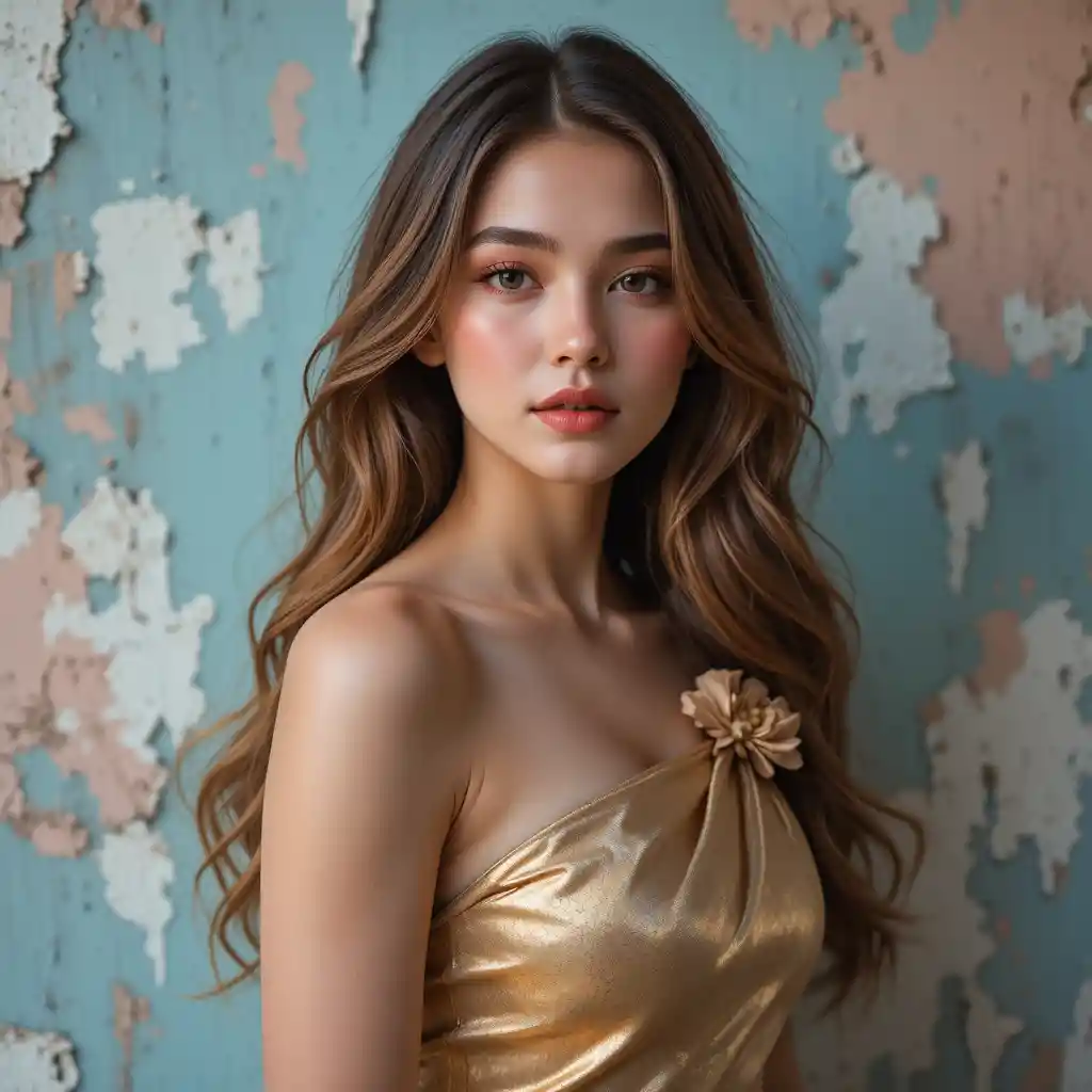 Young woman in gold dress against textured pastel wall