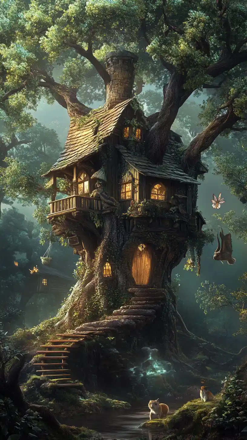 Whimsical treehouse in a fairy tale forest with animals