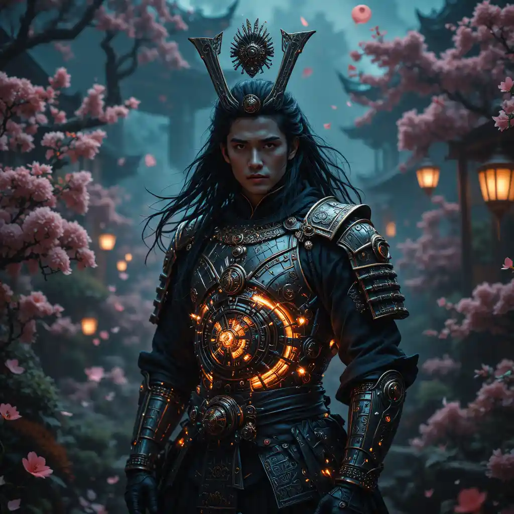 超現實日式庭園中的哥德風蒸汽龐克武士