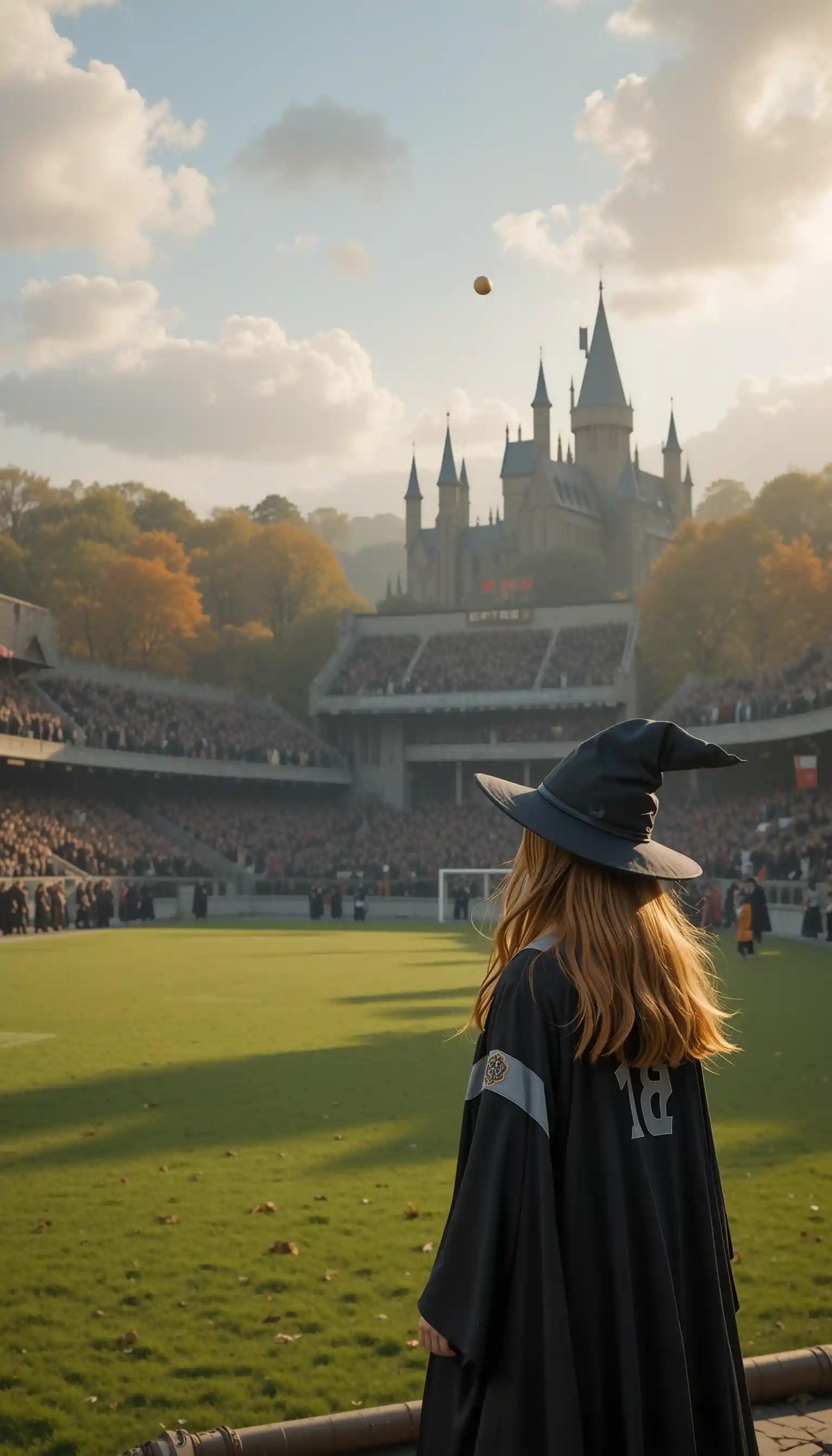 Young witch watching a soaring quaffle over school stadium