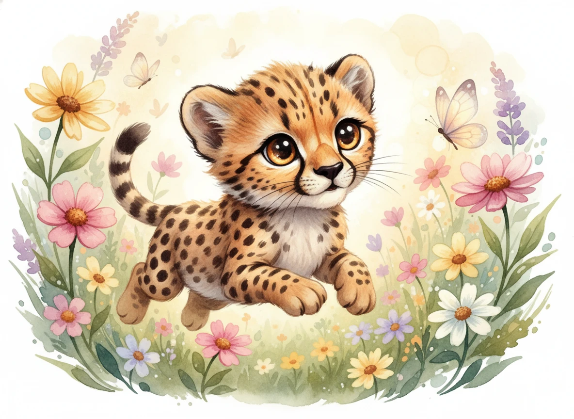Watercolor baby cheetah chasing a butterfly in flower meadow