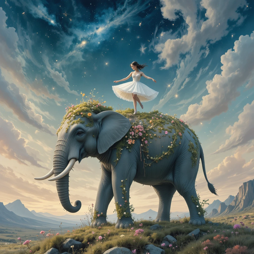 Ballerina pirouette on a giant elephant in pastel sky