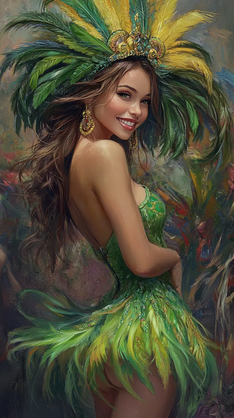 Donna sorridente in abito di carnevale verde con piume