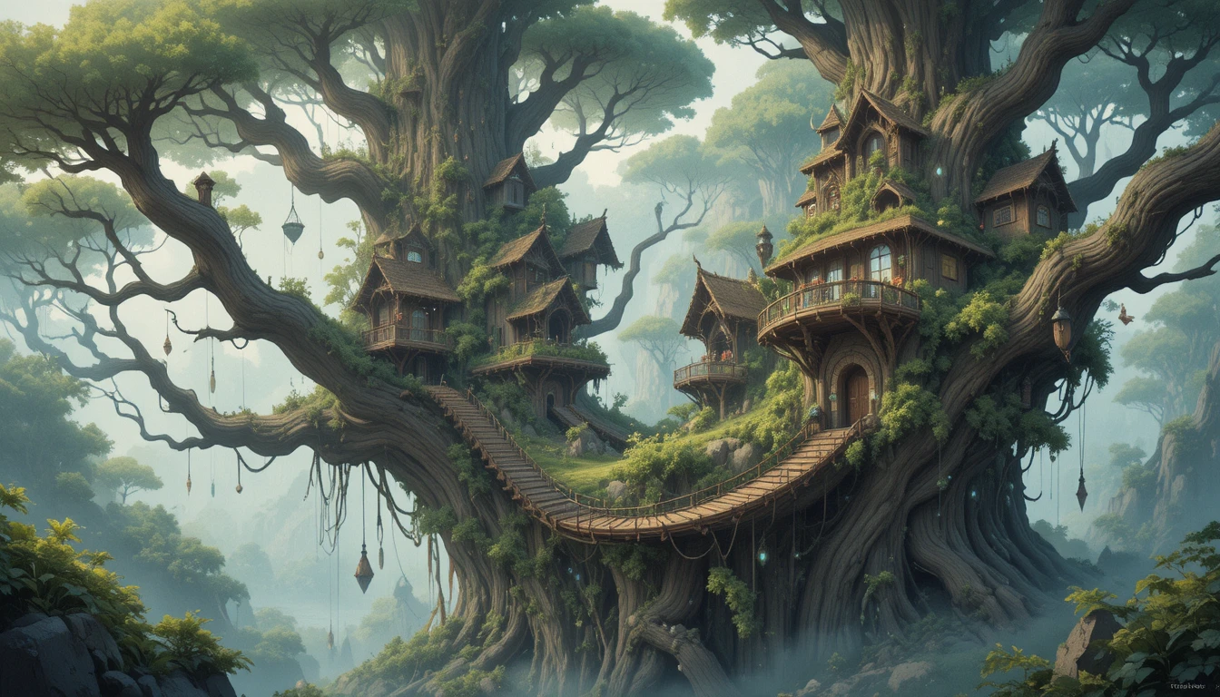 Cozy fantasy treehouse city among colossal ancient branches