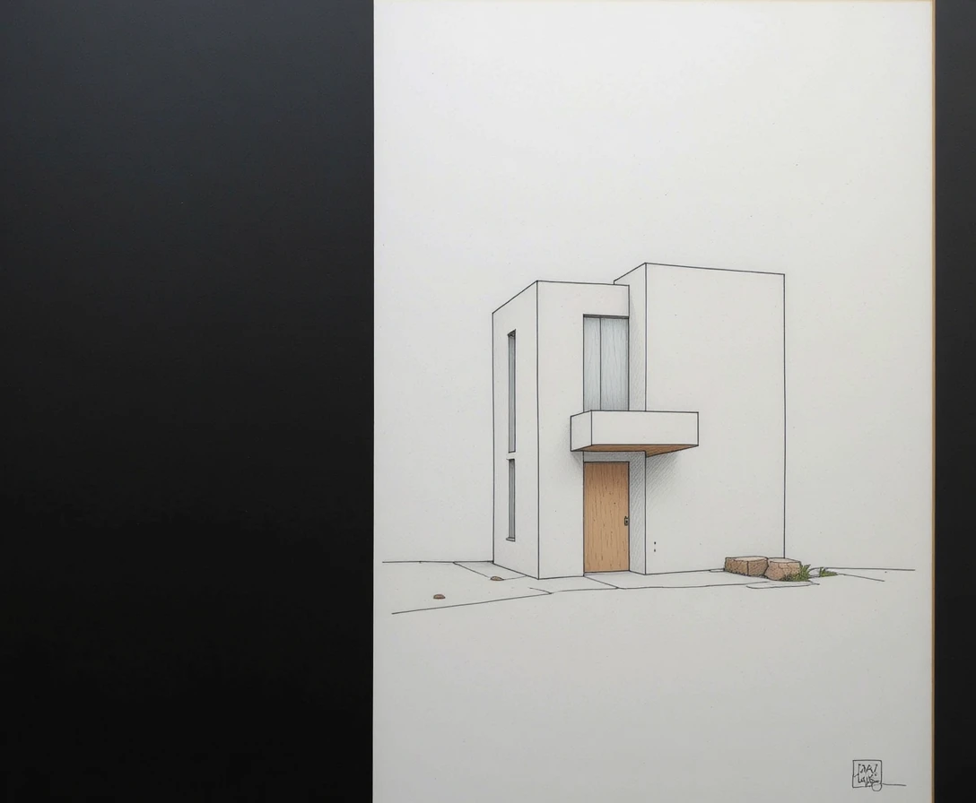 Desenho arquitetônico minimalista com um único edifício estilizado
