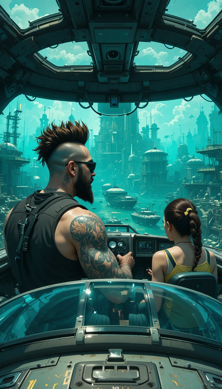 Piloto tatuado em cabine subaquática com vista para cidade futurista