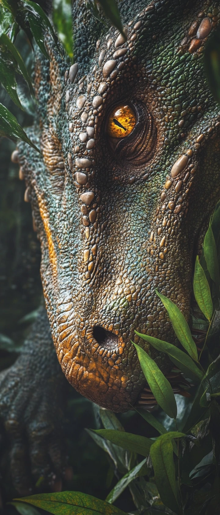 Close-up de cabeças de dinossauros em camadas entre folhagens de floresta pré-histórica