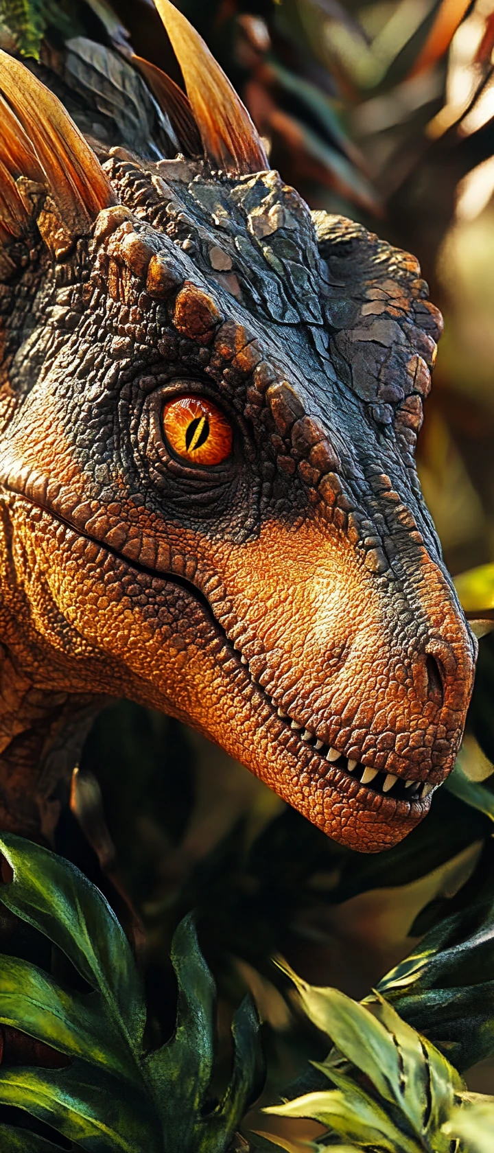 Close-up de cabeças de dinossauro surgindo entre folhas densas da floresta