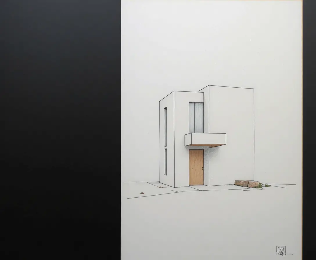 Desenho arquitetônico minimalista com um único edifício estilizado