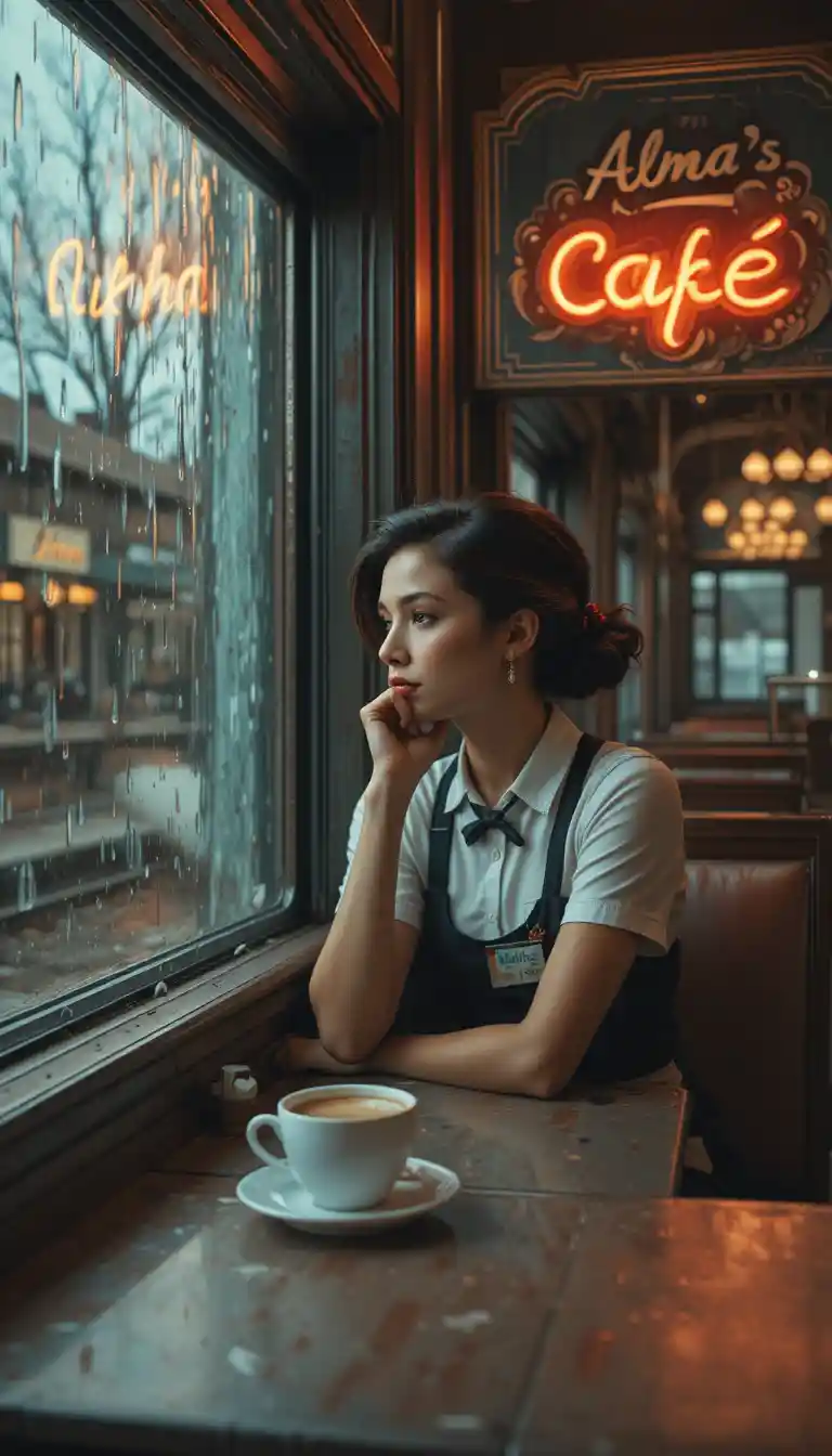 Gelangweilte Kellnerin blickt durch verregnetes Fenster im Retro-Bahn-Diner