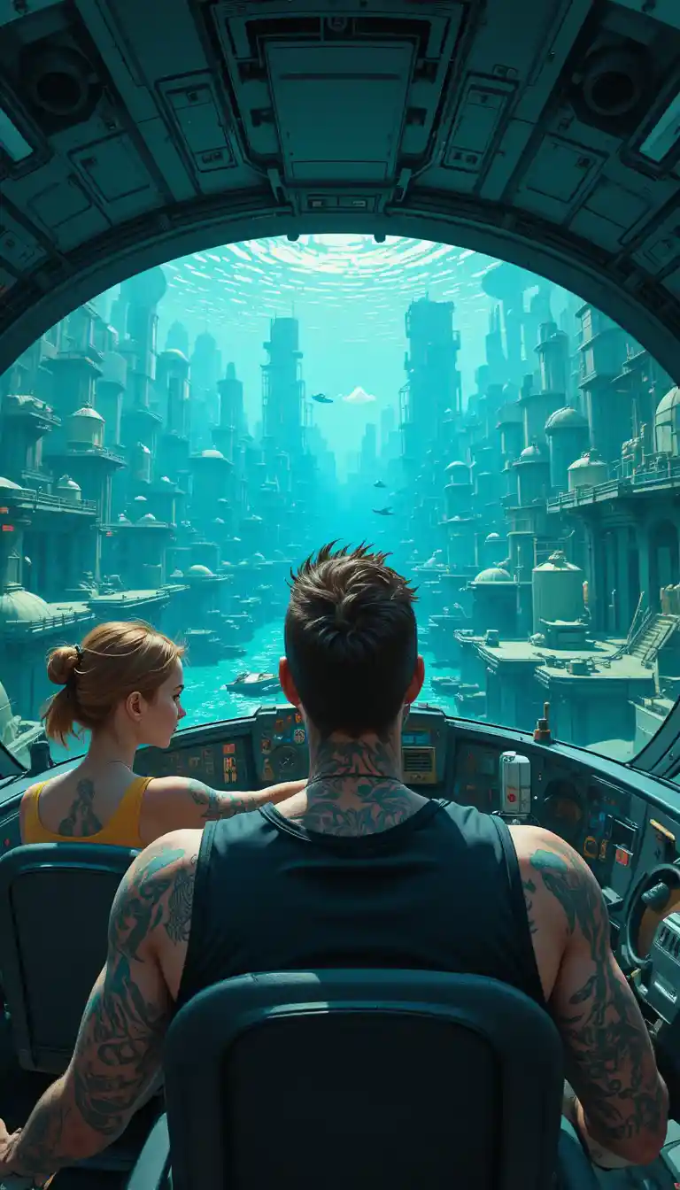 Tattooed man in futuristic underwater cockpit overlooking city