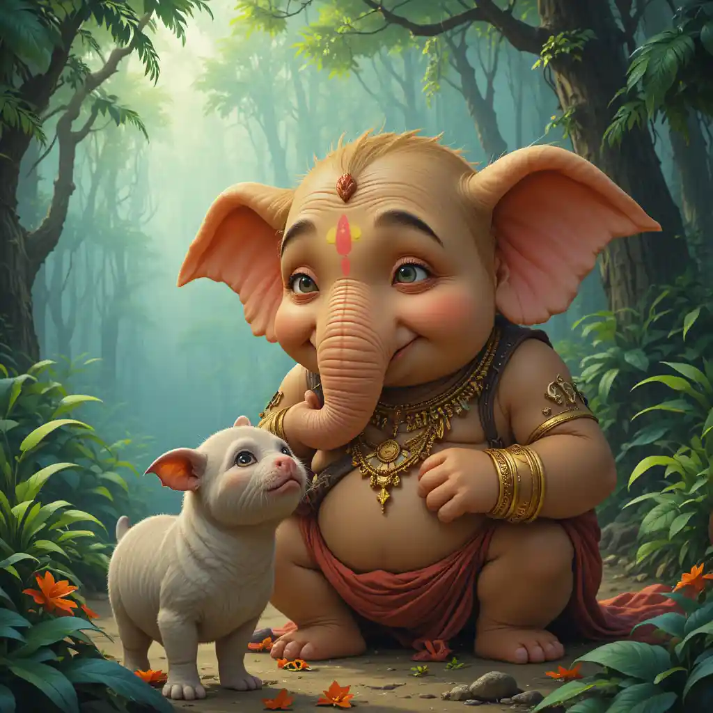 Éléphant marchant dans une forêt paisible avec un chiot