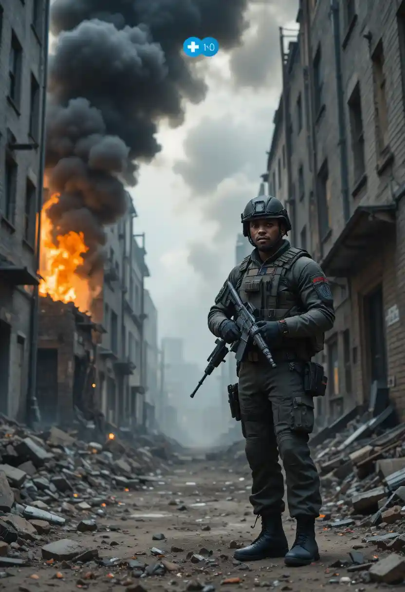 Armed Soldier Advancing Through Burning Urban War Zone