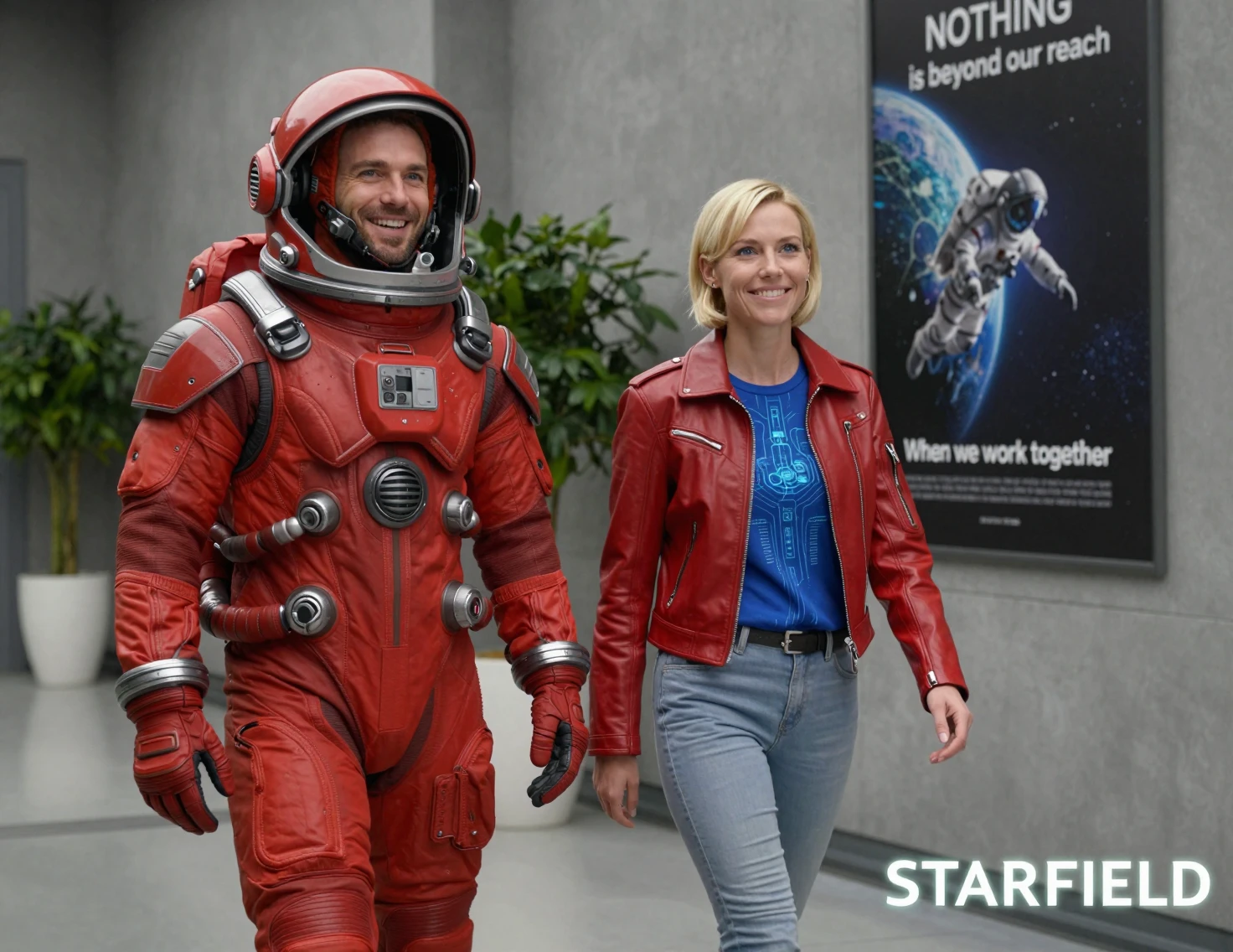 Two astronauts in a bright futuristic interior corridor
