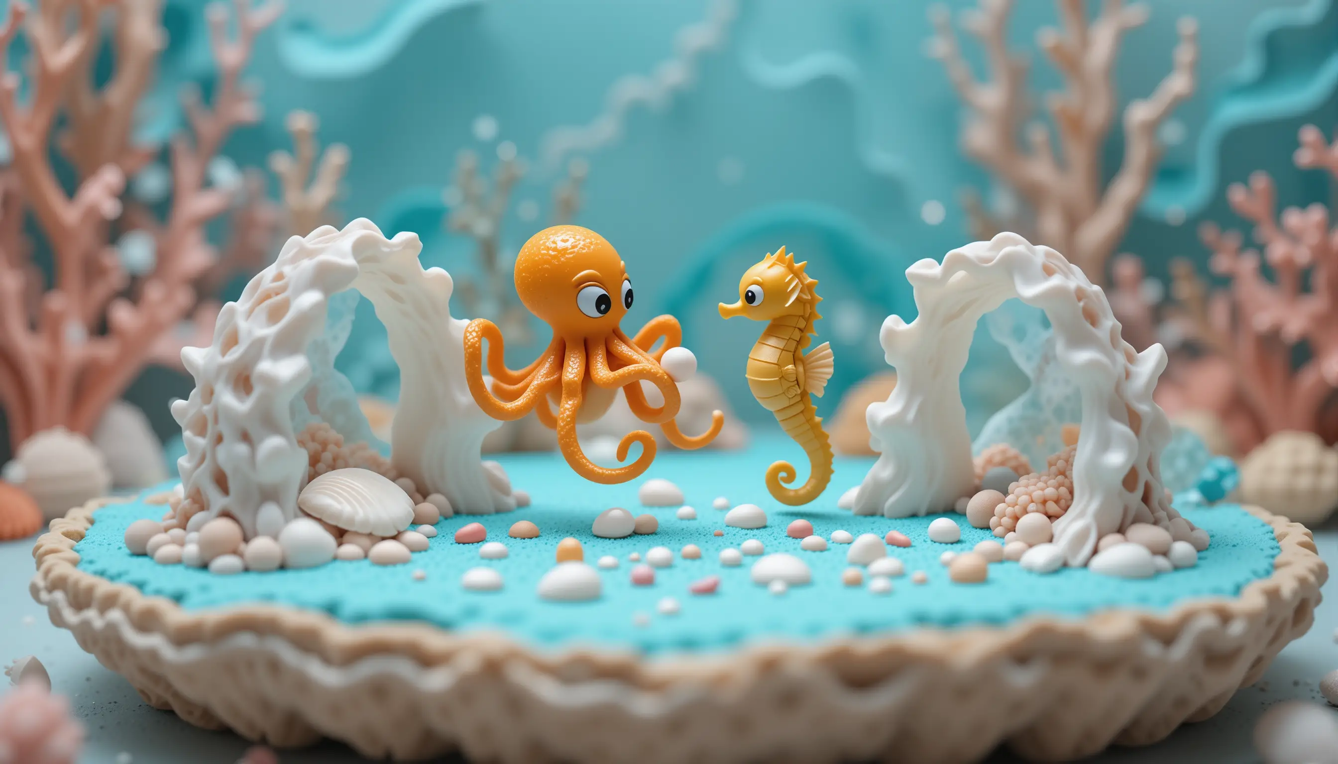 Diorama miniatura do fundo do mar com polvo e cavalo-marinho em estilo cartoon