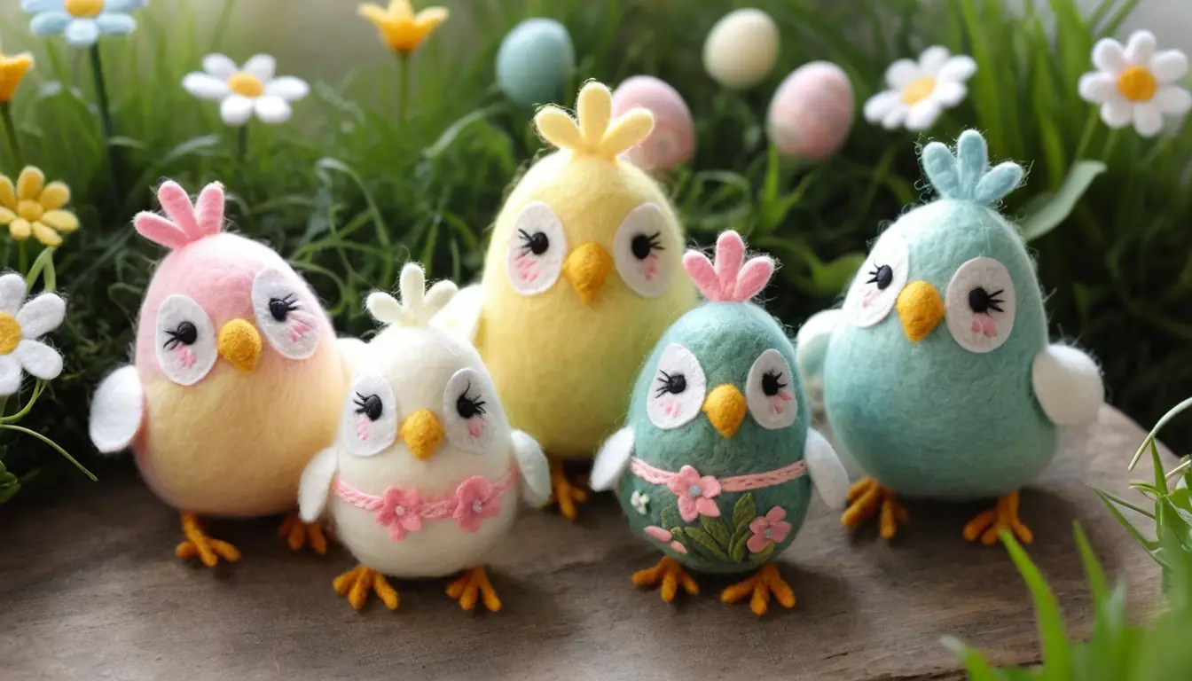 Adorables poussins en peluche pastel dans un jardin de Pâques ensoleillé
