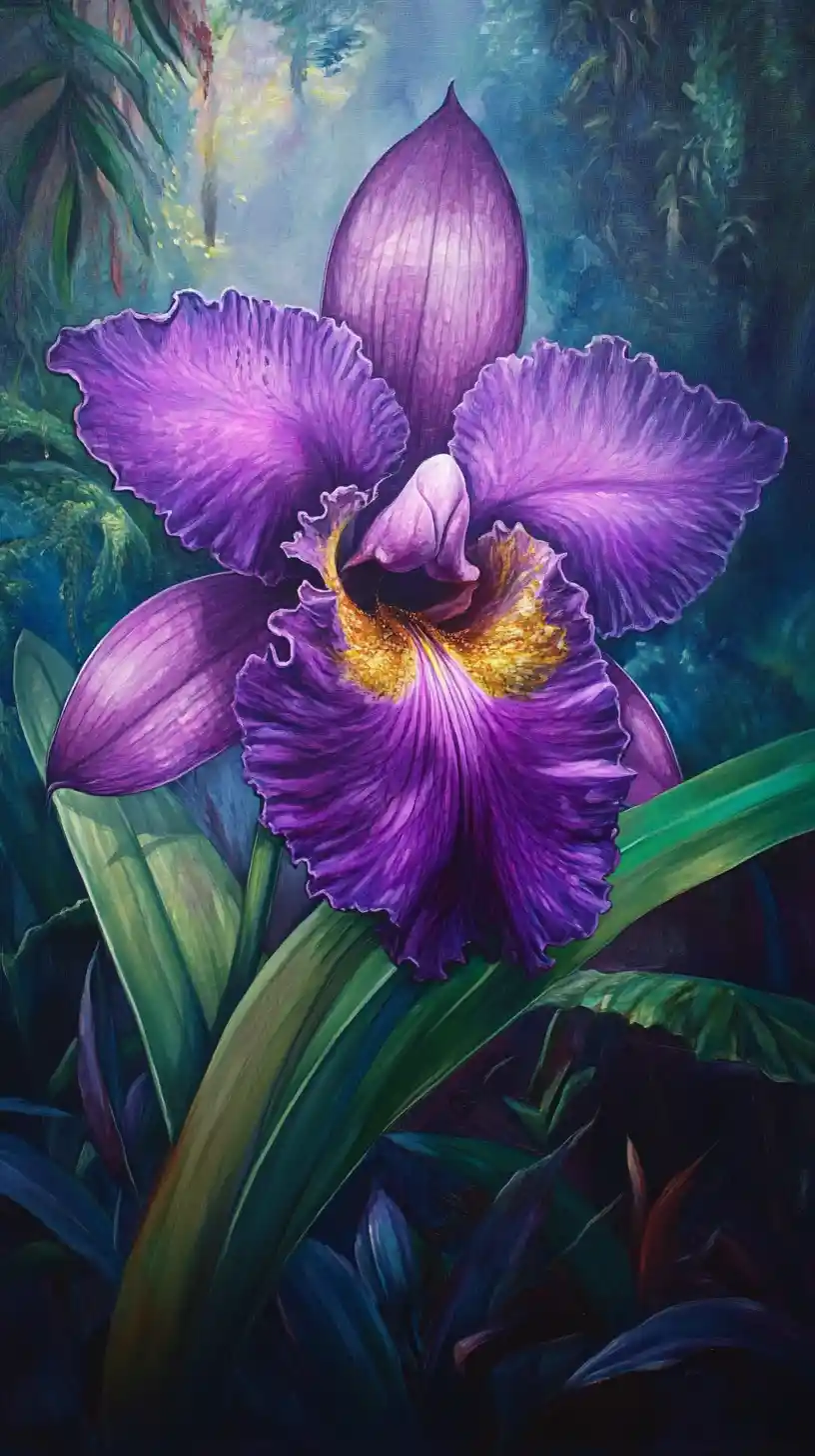 Pintura de orquídea morada con filigrana dorada a la luz natural suave