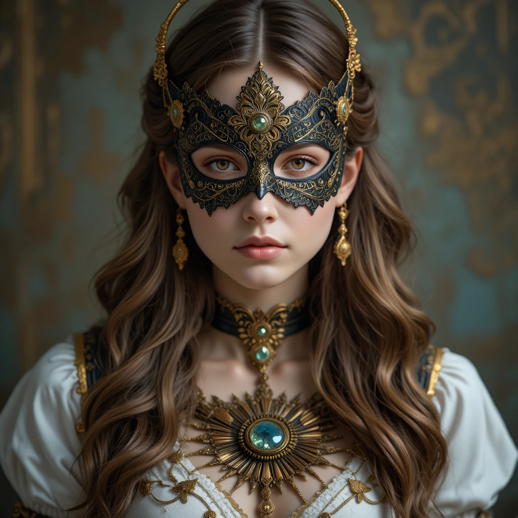 Femme fantastique masquée en portrait de filigrane d’or ornementé