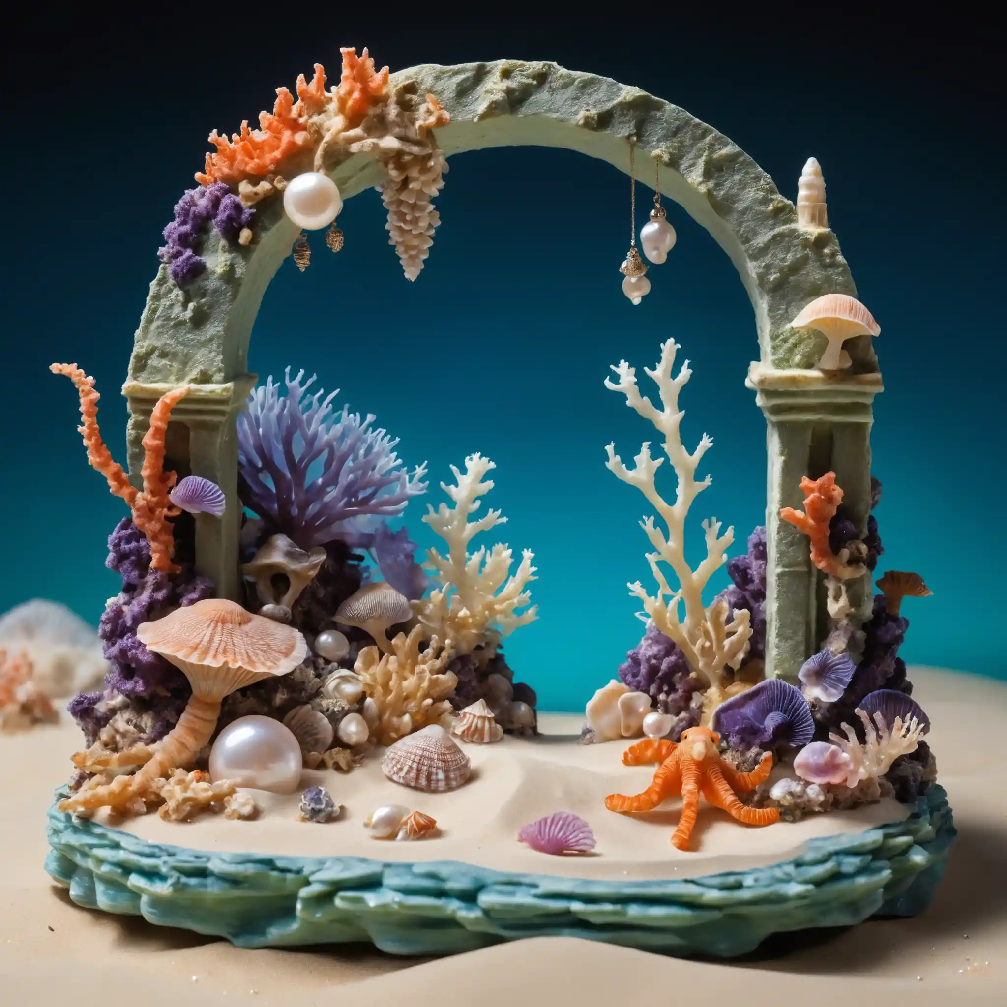 Barriera corallina in miniatura con creature marine cartoon e perle