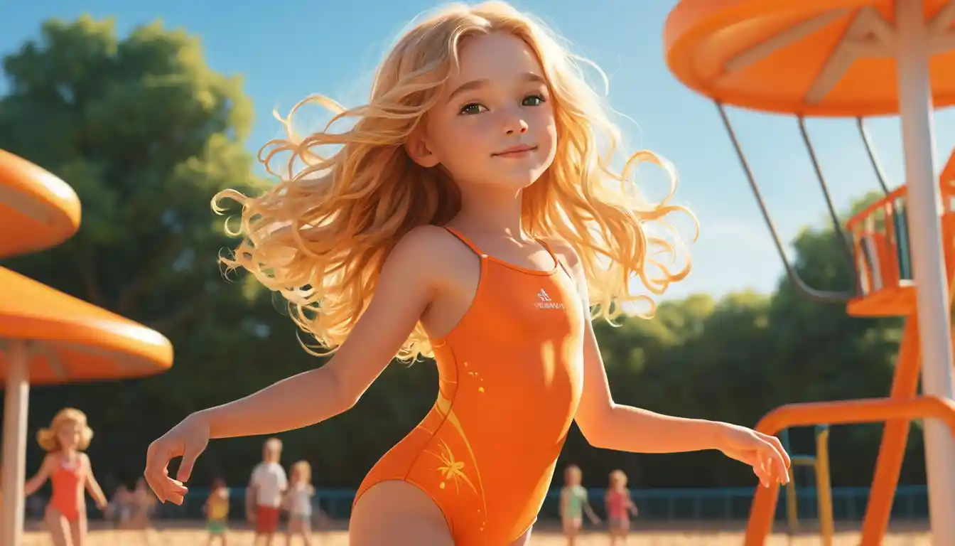 Young girl in orange swimsuit at a sunny playground