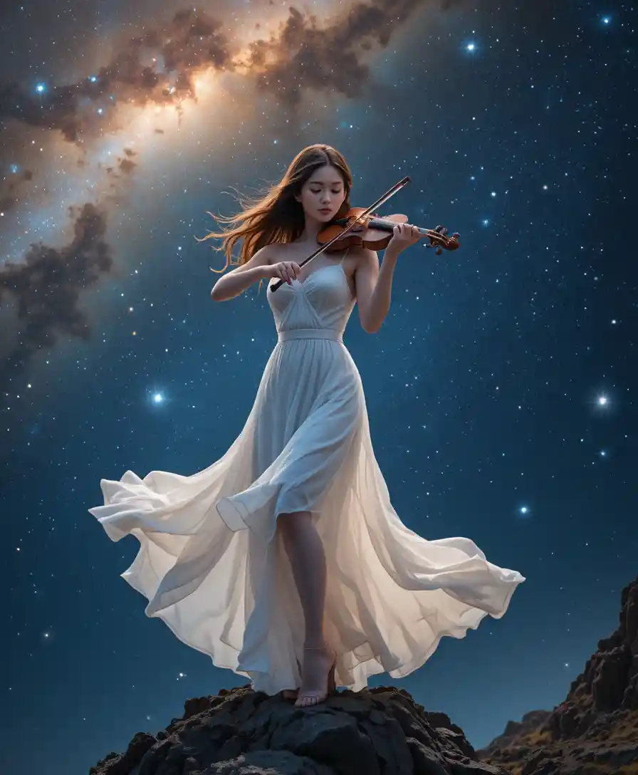 Donna che suona il violino sulla cima di una montagna in una notte stellata