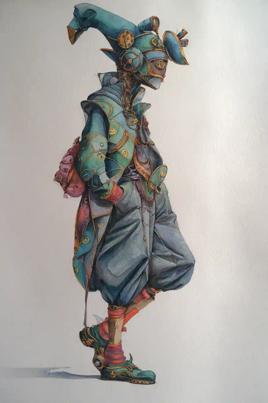 Figura steampunk fiabesca in una scena ad acquerello dettagliata