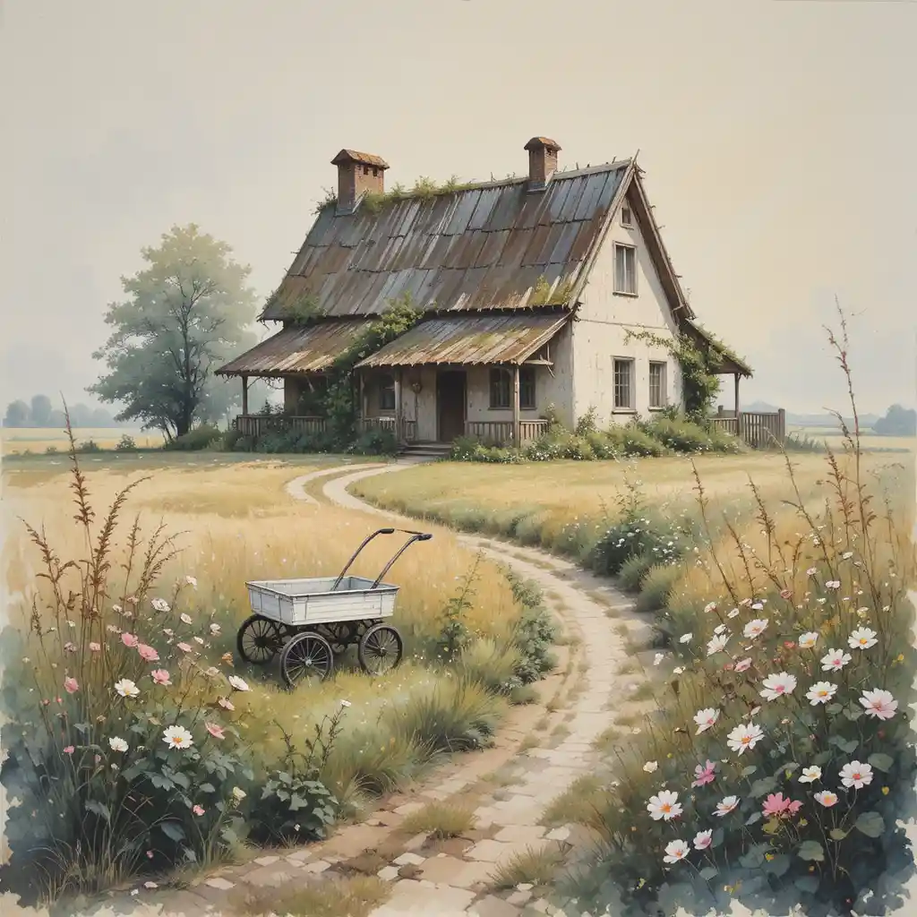 Ätherisches Aquarell eines Landhauses im nebligen Morgenlicht