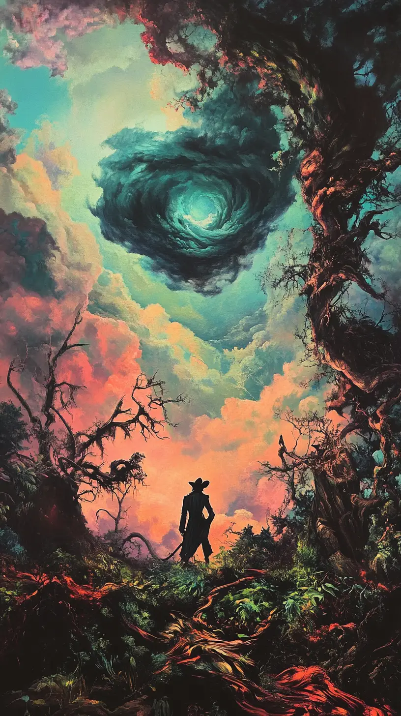 Surreal bandit smiling beneath a swirling dreamlike sky