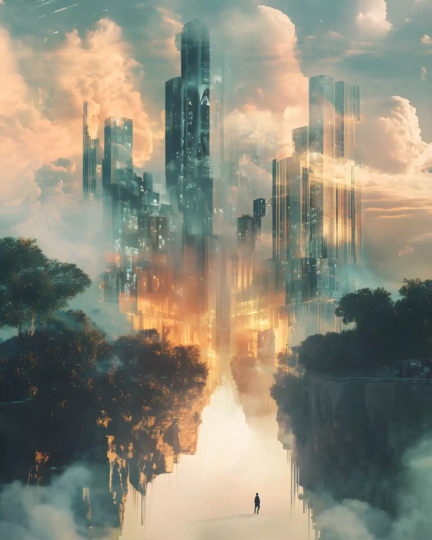 Surreal merging worlds with towering futuristic skyscrapers