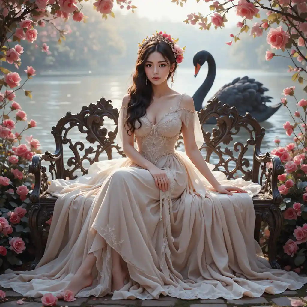 Femme élégante sur un banc de jardin avec des roses et un cygne