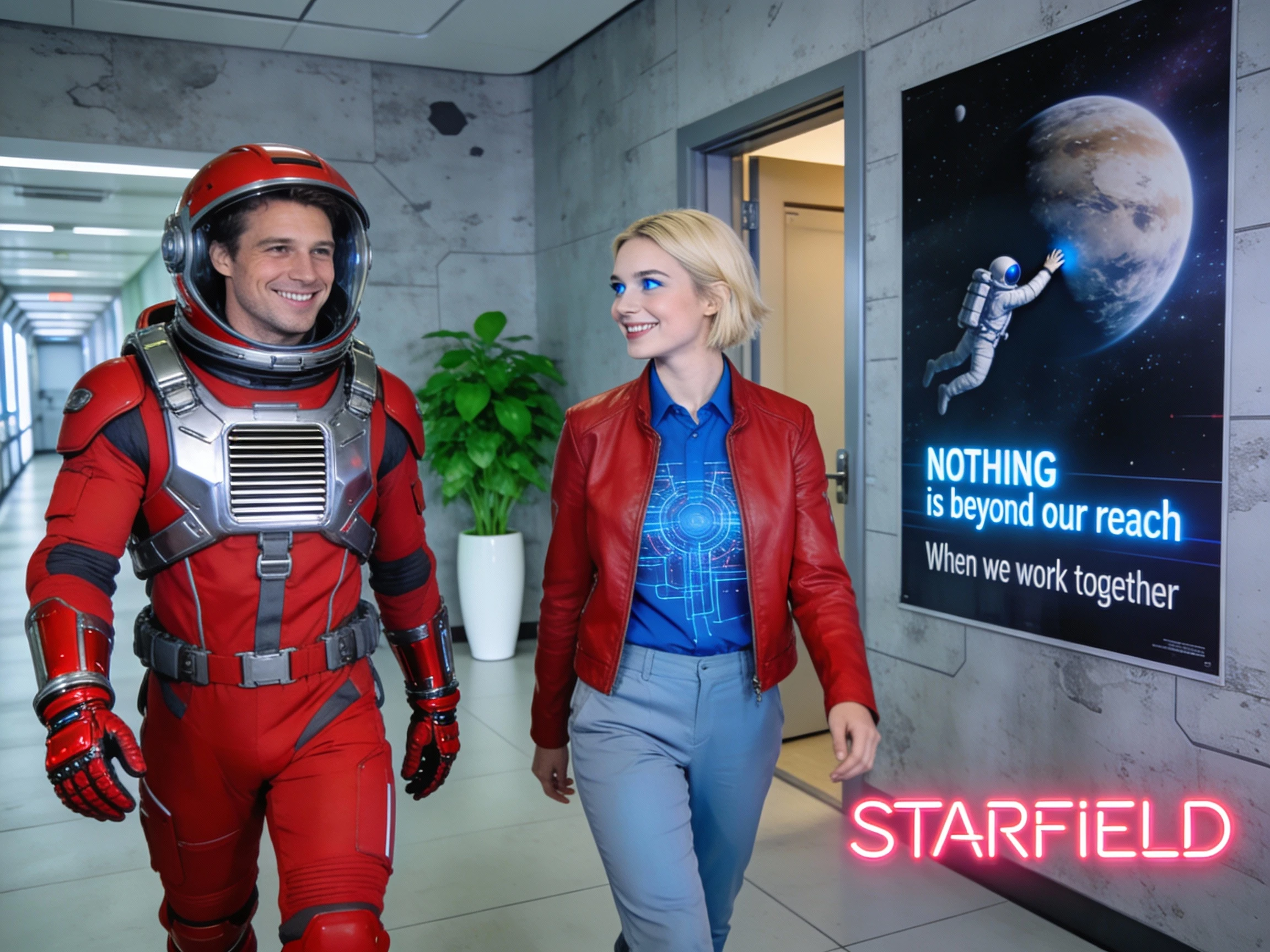Astronauta sorridente e donna in una stazione spaziale futuristica
