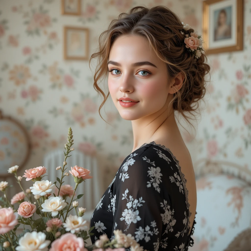 Young freckled woman smiling amid soft romantic flowers