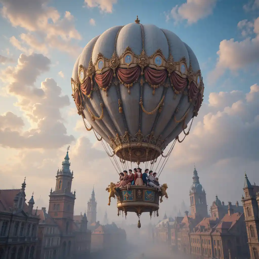 Colorful rococo balloon rising over a baroque city