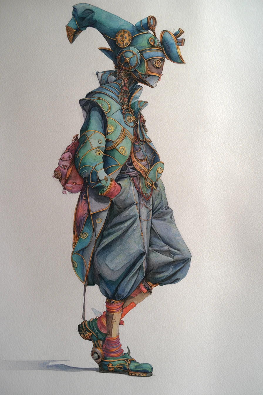 Verspielte Steampunk-Figur in detaillierter Aquarellszene