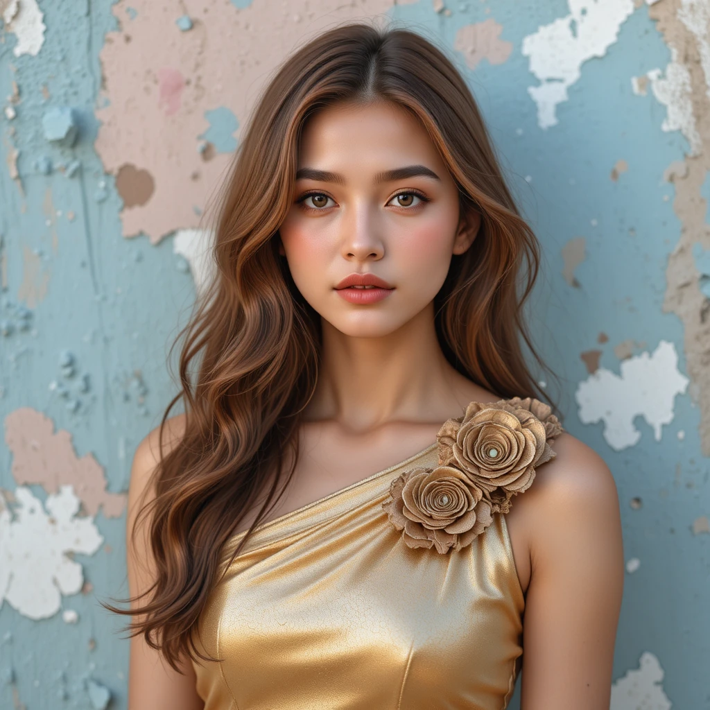Joven con vestido dorado frente a pared pastel texturizada