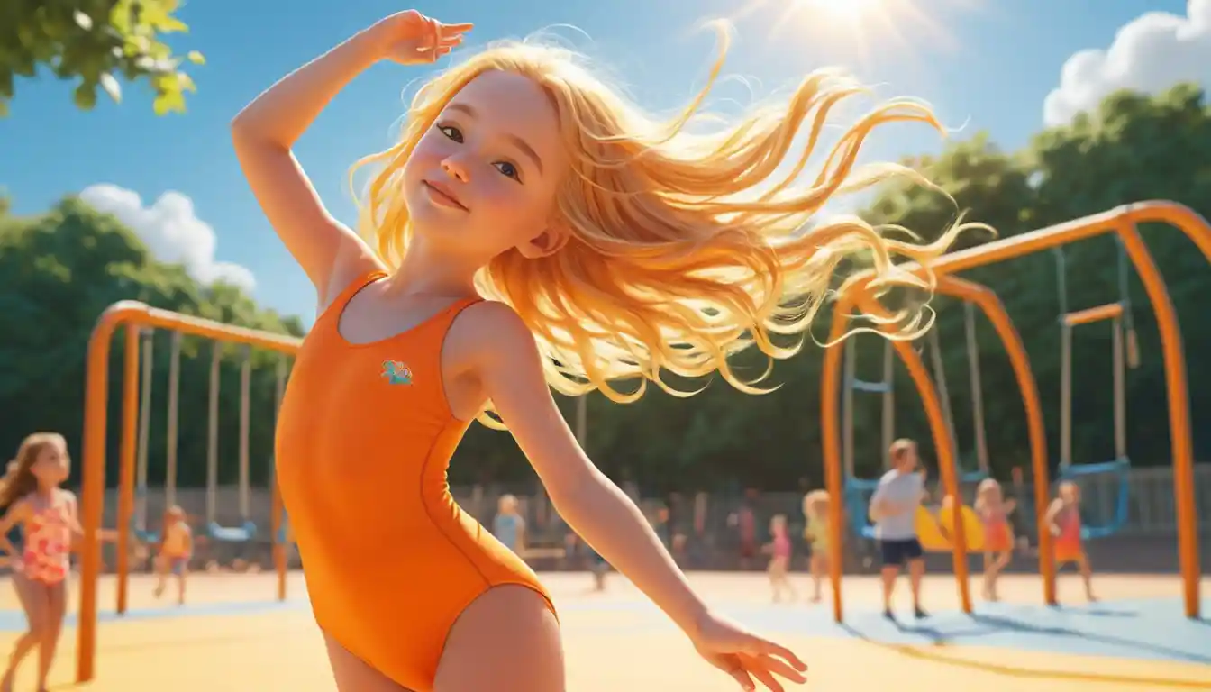 Young girl in orange swimsuit at a sunny playground