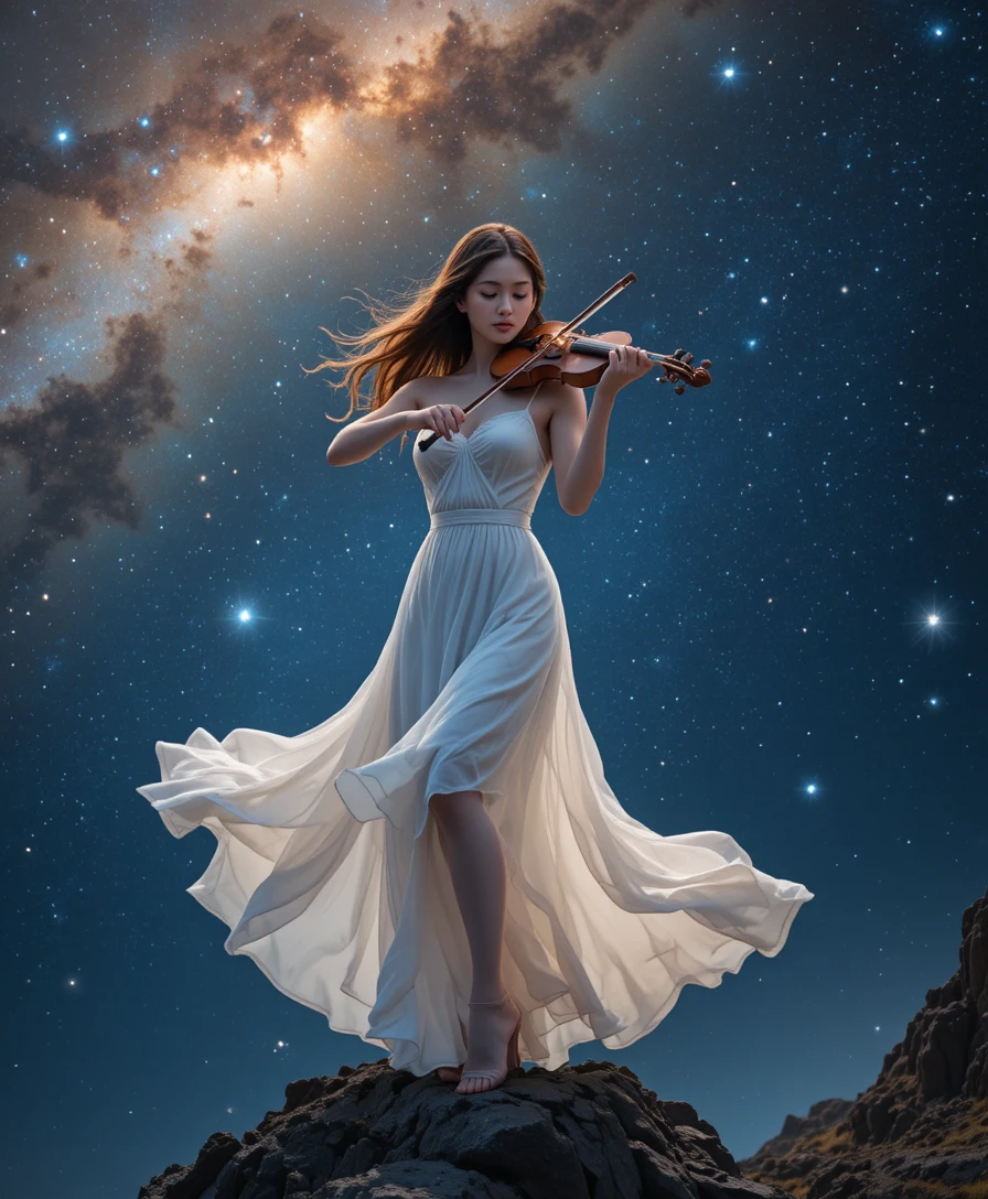 Woman playing violin on a starry night mountain peak