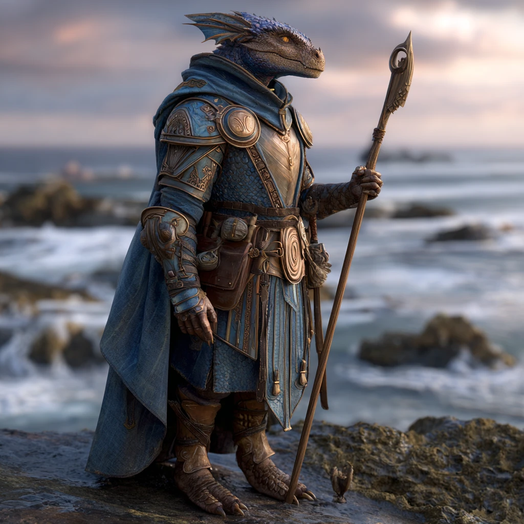 Ozean‑themenorientierter Drachengeborener Paladin – Fantasy‑Entdecker‑Charakter