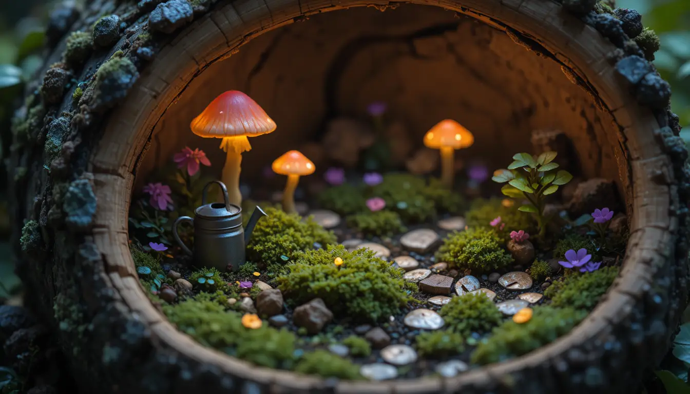 Giardino delle Fate in Miniatura Dentro un Tronco Cavo con Funghi Luminosi