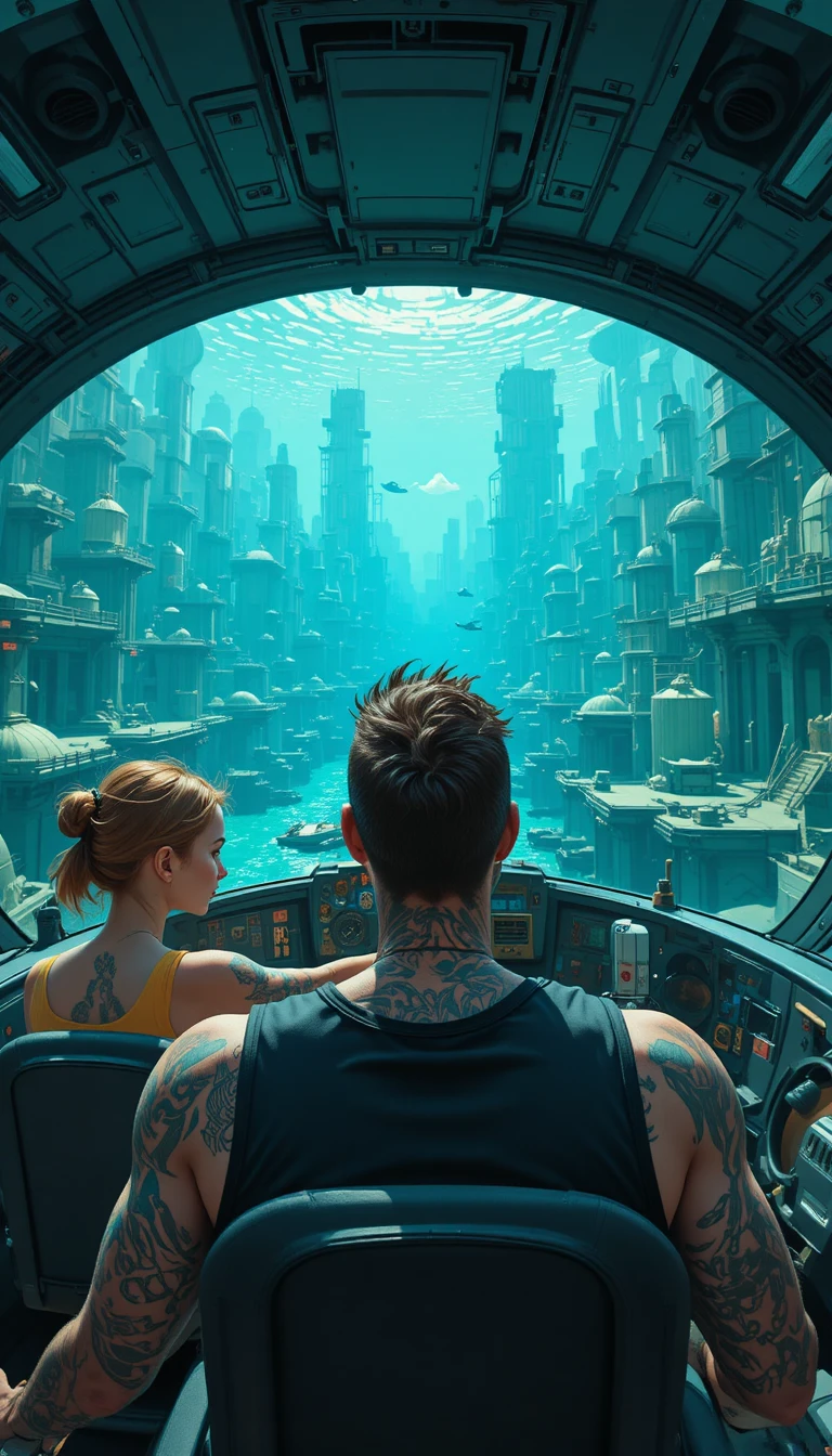 Homem tatuado em cockpit futurista subaquático com vista para a cidade