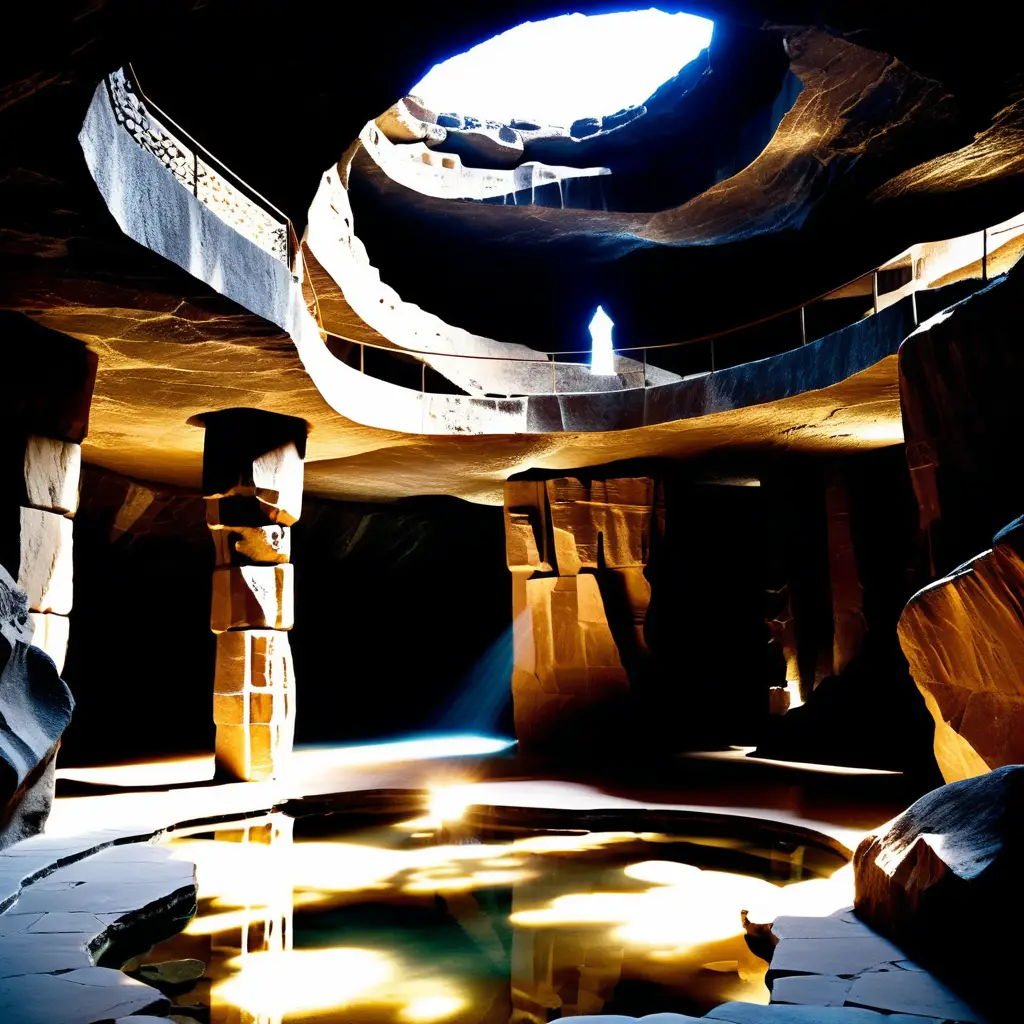 Cinematic stone corridor in a vast underground rock gallery