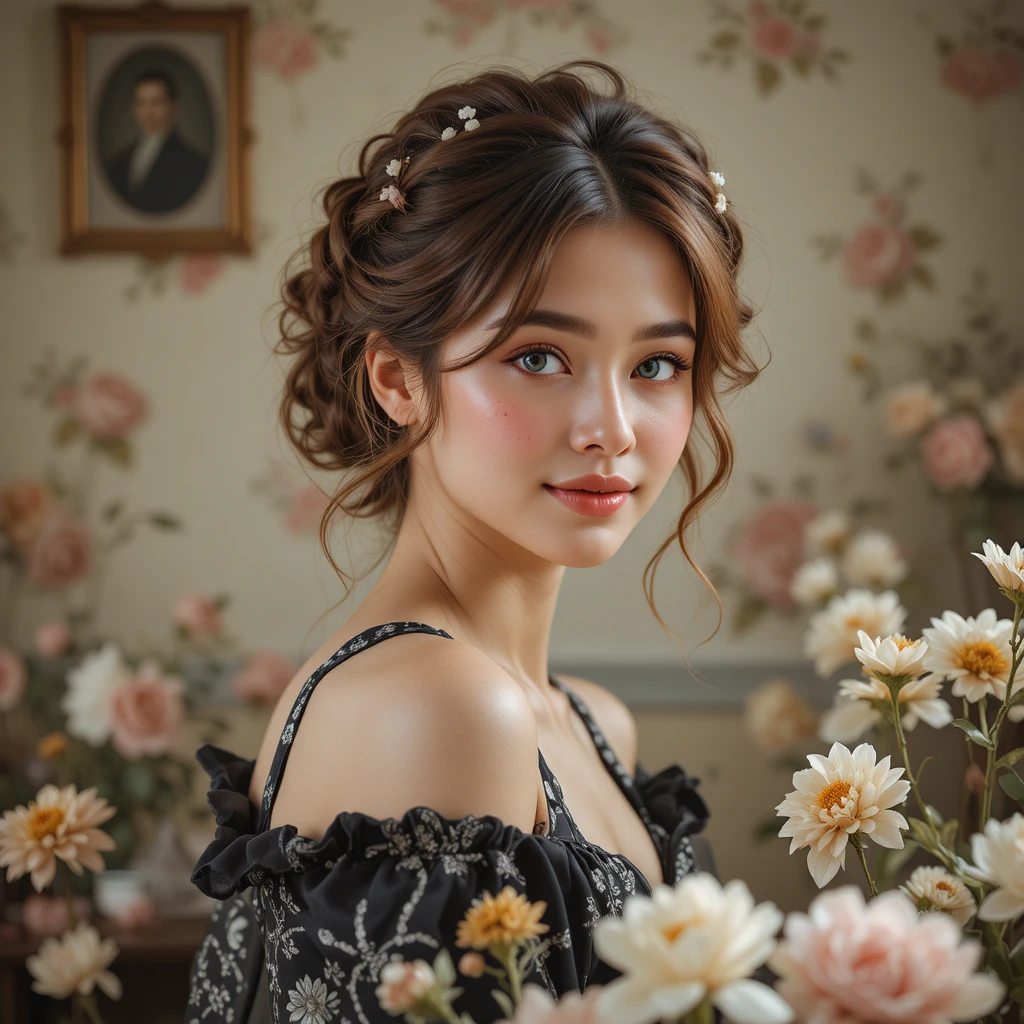 Smiling young woman with flowers in a soft romantic interior