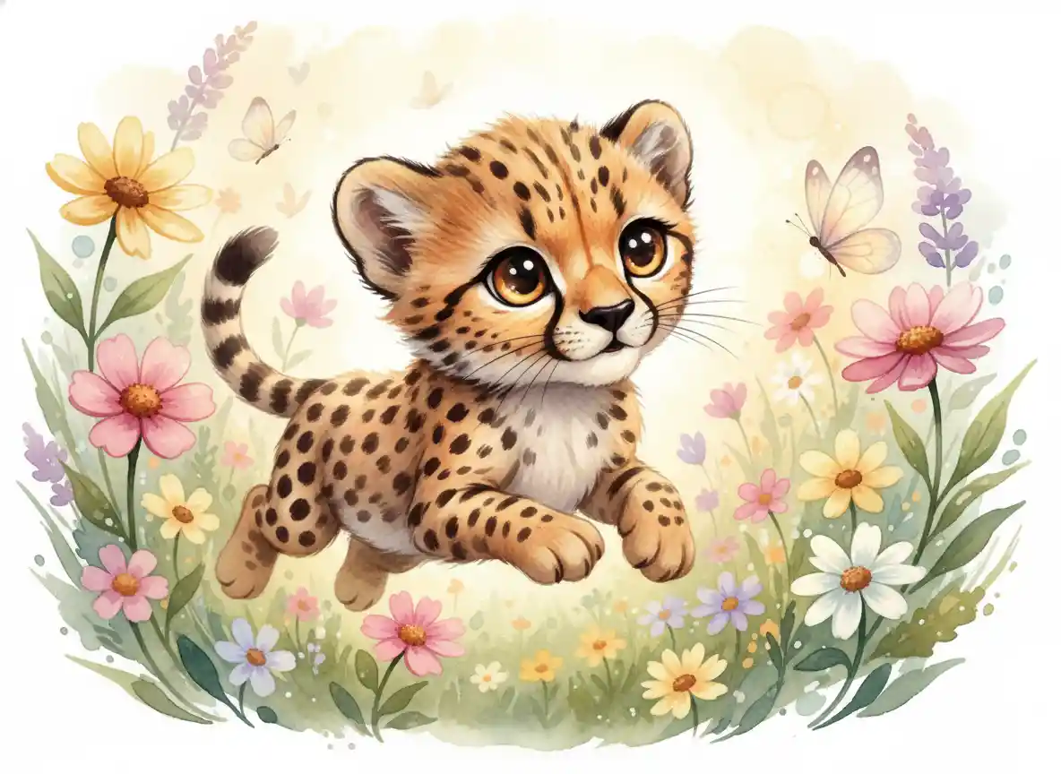 Aquarell-Baby-Gepard jagt einen Schmetterling auf einer Blumenwiese