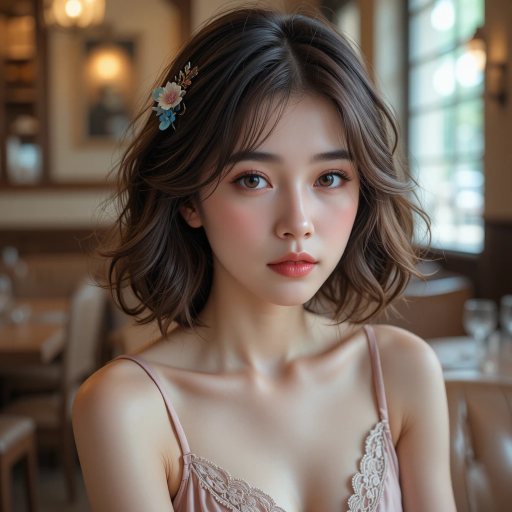 溫暖舒適咖啡館裡的年輕女子肖像