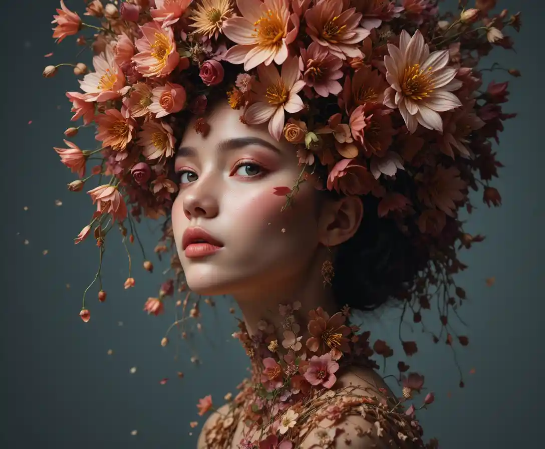 Surrealistisches Porträt einer Frau mit blühenden Blumen als Haar