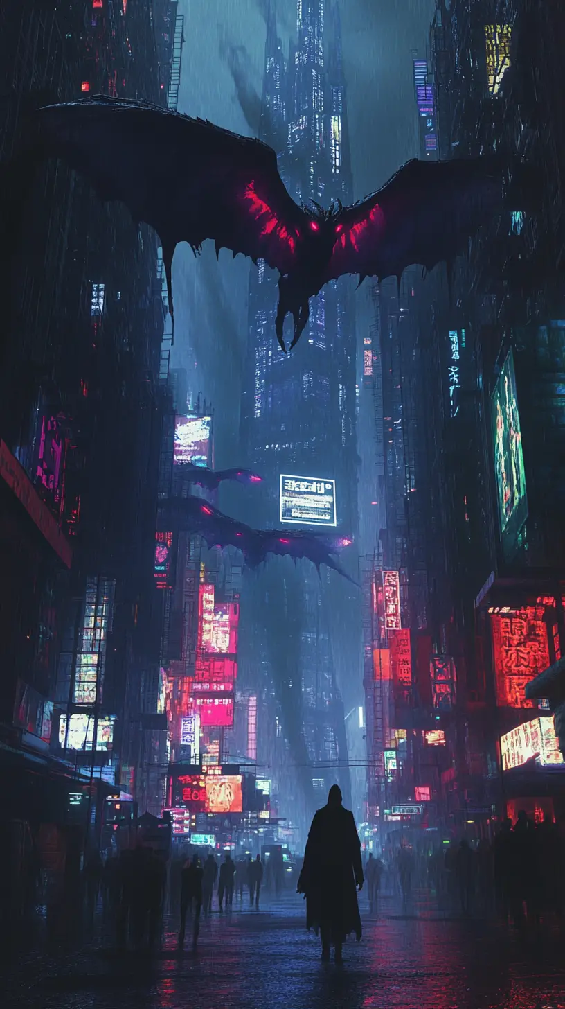 Dunkle futuristische Stadt mit geflügelten Kreaturen in neonfarbenem Zwielicht