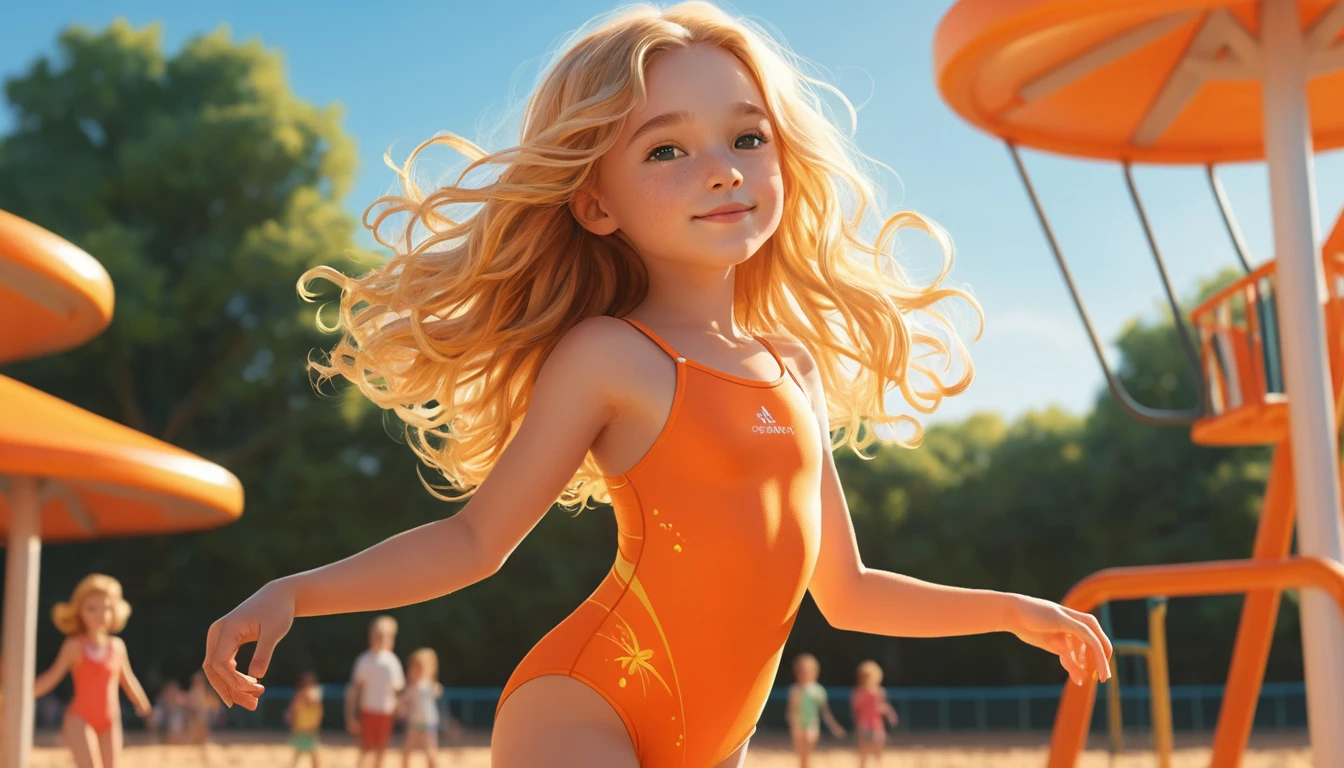 Young girl in orange swimsuit at a sunny playground
