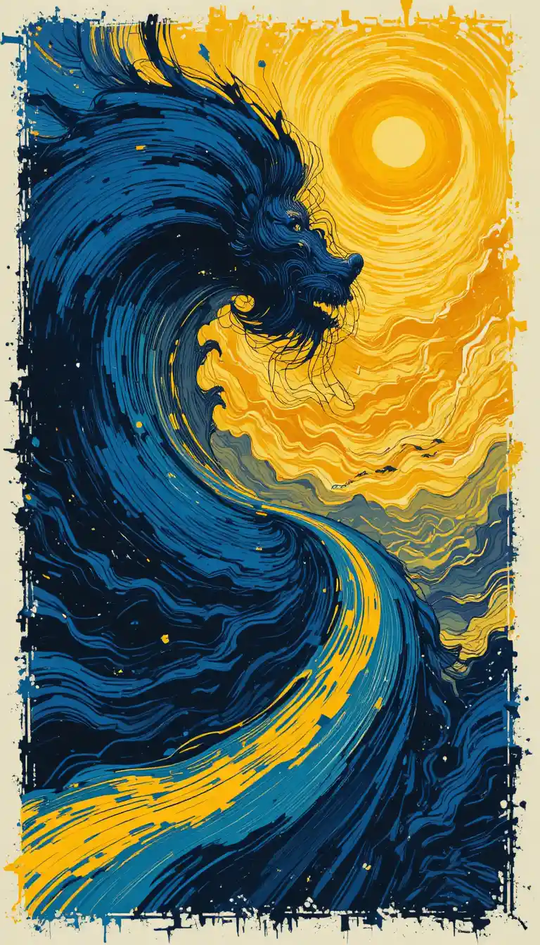 Ilustración Expresiva con Remolinos en Azul Profundo y Dorado
